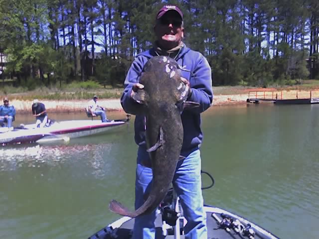A member holding a large catfish on a club outing