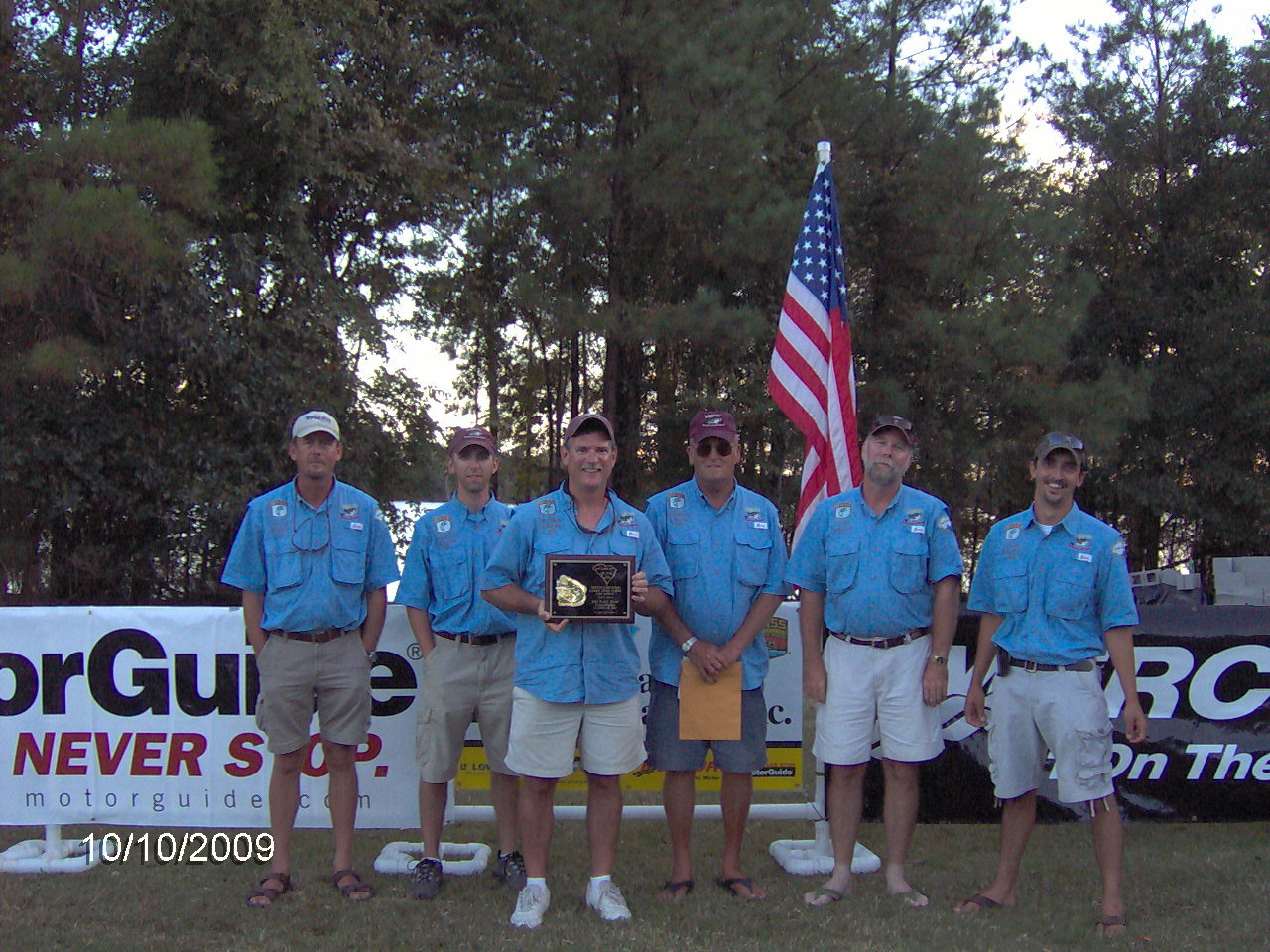 The Lugoff Bassmasters six-man team accepting a tournament award, October 10, 2009